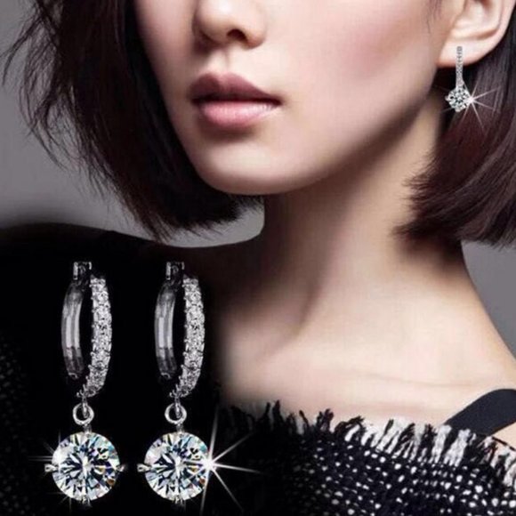 *NEW Solitaire Diamond Drop Silver Hoop Earrings - Picture 2 of 9